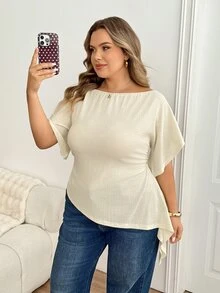 SHEIN CURVE+ Plus Size Women Solid Color Asymmetrical Shoulder Casual Daily Wear T-Shirt - Apricot - View 3
