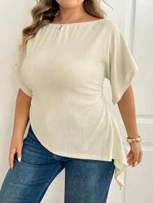 SHEIN CURVE+ Plus Size Women Solid Color Asymmetrical Shoulder Casual Daily Wear T-Shirt - Apricot - View 6