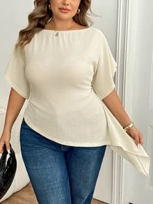 SHEIN CURVE+ Plus Size Women Solid Color Asymmetrical Shoulder Casual Daily Wear T-Shirt - Apricot - View 8
