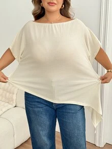 SHEIN CURVE+ Plus Size Women Solid Color Asymmetrical Shoulder Casual Daily Wear T-Shirt - Apricot - View 4