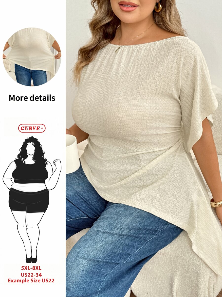 SHEIN CURVE+ Plus Size Women Solid Color Asymmetrical Shoulder Casual Daily Wear T-Shirt - Apricot - View 1