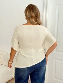 SHEIN CURVE+ Plus Size Women Solid Color Asymmetrical Shoulder Casual Daily Wear T-Shirt - Apricot - View 2