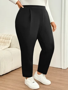 SHEIN CURVE+ Plus 22W Women Fold Pleated Slant Pocket Pants Fall - Black - View 4