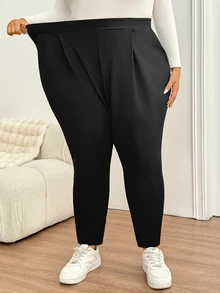 SHEIN CURVE+ Plus 22W Women Fold Pleated Slant Pocket Pants Fall - Black - View 7