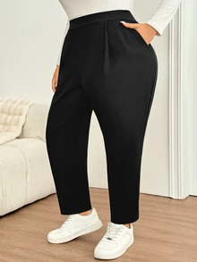SHEIN CURVE+ Plus 22W Women Fold Pleated Slant Pocket Pants Fall - Black - View 6