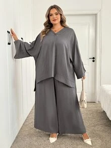 SHEIN CURVE+ 大尺碼 US22 素色 V 領高低下擺上衣寬腿褲休閒優雅寬鬆兩件套 秋季正式居家度假灰色晚裝家居服 - 灰色 - 查看 7