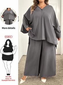 SHEIN CURVE+ 大尺碼 US22 素色 V 領高低下擺上衣寬腿褲休閒優雅寬鬆兩件套 秋季正式居家度假灰色晚裝家居服 - 灰色 - 查看 1