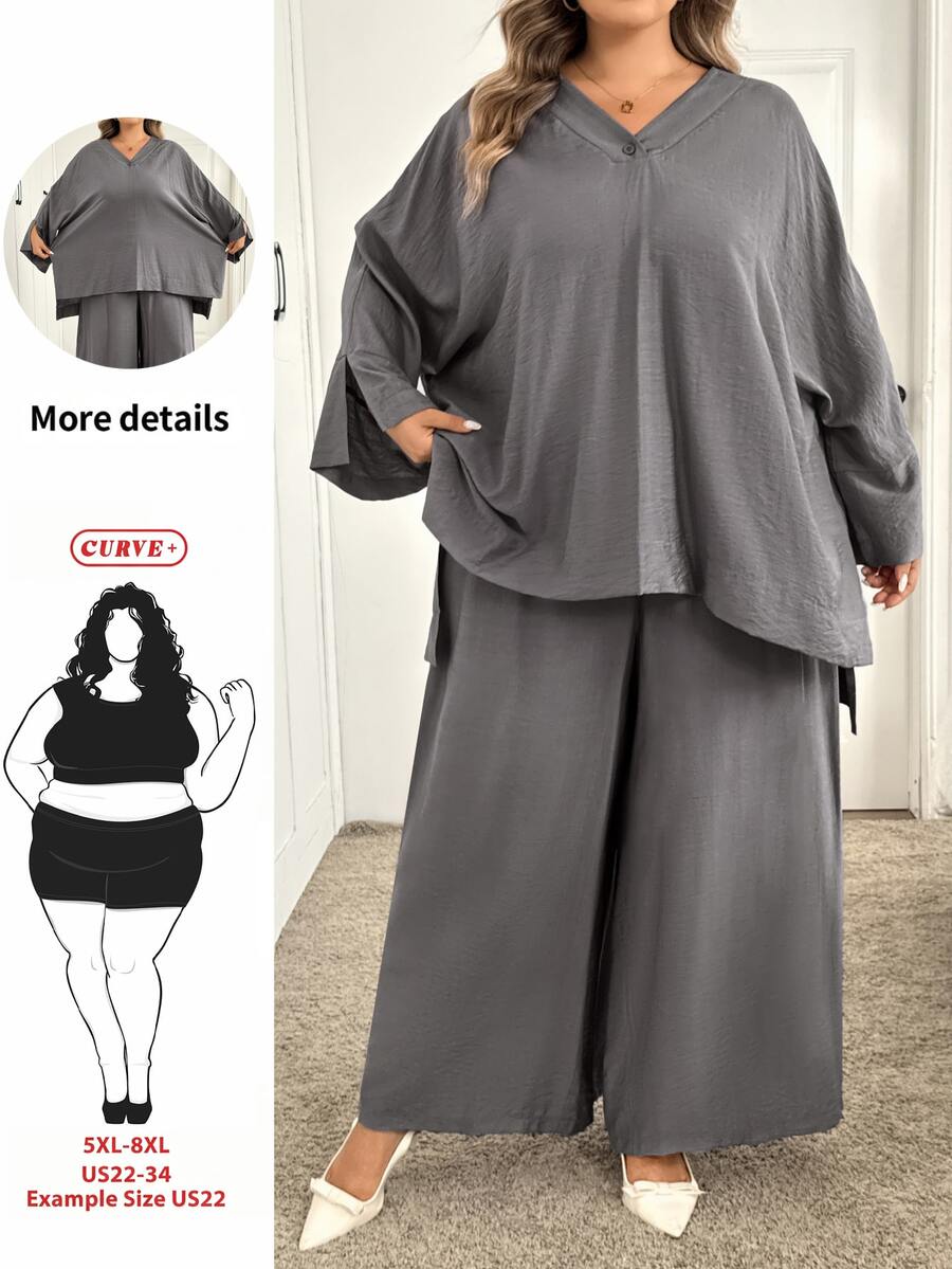 SHEIN CURVE+ 大尺碼 US22 素色 V 領高低下擺上衣寬腿褲休閒優雅寬鬆兩件套 秋季正式居家度假灰色晚裝家居服 - 灰色 - 查看 1