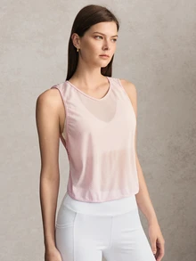 Activina Solid Color Criss-Cross Tie-Up Sports Tank Top Mesh Pink Lunch Break Backless Strap Design For Quick-Drying And Breathable Yoga Workout - Pink - View 4