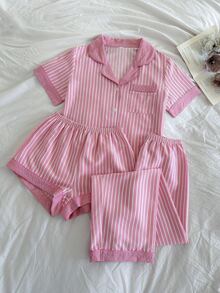 Snug Reverie Fresh Girl 粉色與白色垂直條紋領口短袖居家服套裝 - 粉色 - 查看 7