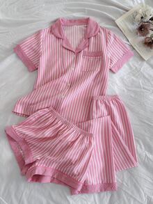 Snug Reverie Fresh Girl 粉色與白色垂直條紋領口短袖居家服套裝 - 粉色 - 查看 1