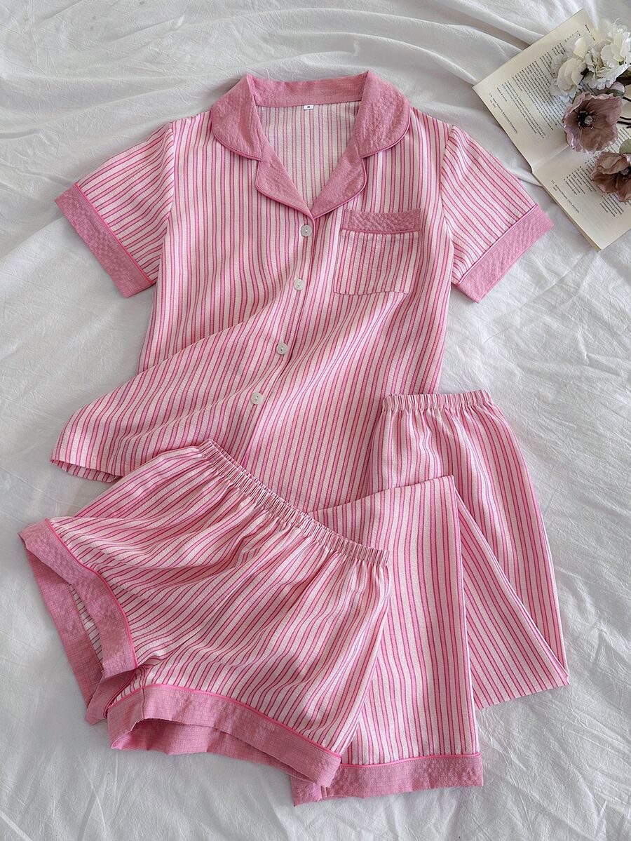 Snug Reverie Fresh Girl 粉色與白色垂直條紋領口短袖居家服套裝 - 粉色 - 查看 1