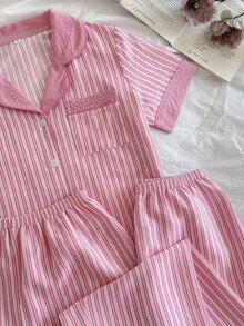 Snug Reverie Fresh Girl 粉色與白色垂直條紋領口短袖居家服套裝 - 粉色 - 查看 4