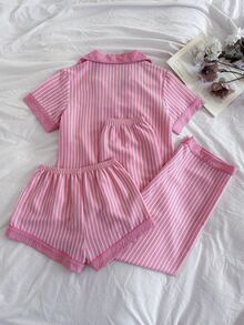 Snug Reverie Fresh Girl 粉色與白色垂直條紋領口短袖居家服套裝 - 粉色 - 查看 2