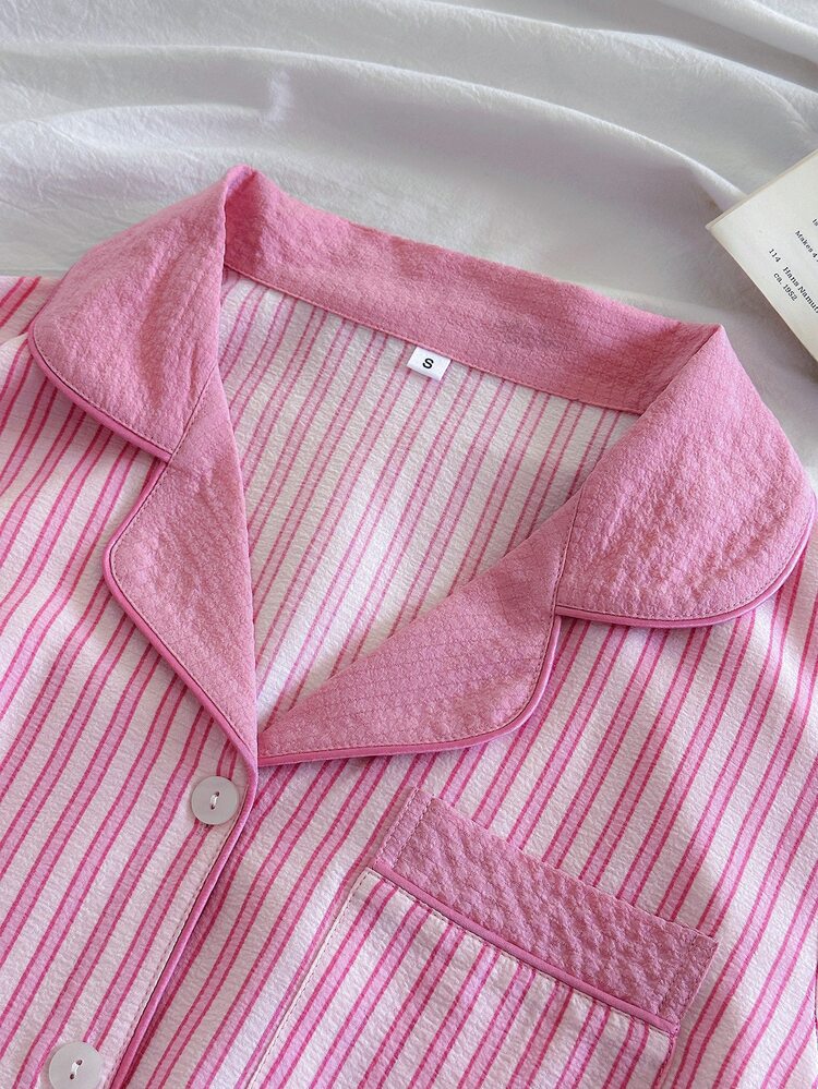 Snug Reverie Fresh Girl Pink And White Vertical Striped Collared Short Sleeve Loungewear Set - Pink - View 3