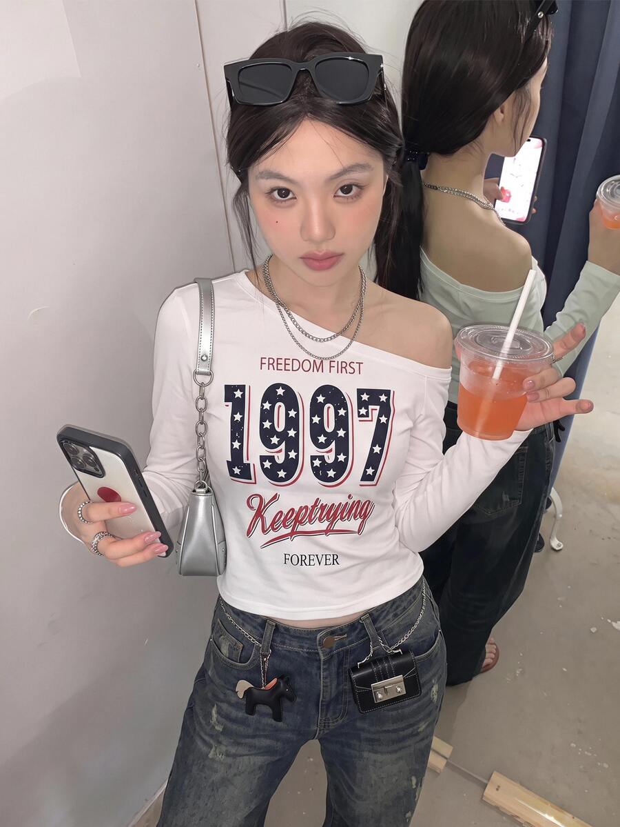 SHEIN 青少年女孩字母與數字印花不對稱領口洋裝 - 白色 - 查看 1