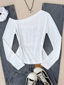 SHEIN 青少年女孩字母與數字印花不對稱領口洋裝 - 白色 - 查看 4