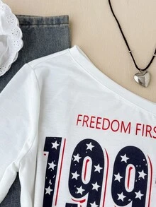 SHEIN 青少年女孩字母與數字印花不對稱領口洋裝 - 白色 - 查看 6
