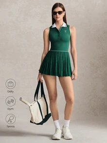 Activina 女款百褶下擺無袖運動洋裝，網球日常穿搭健身運動外出時尚休閒幾何鏤空網紗百褶裙，優雅風 - 軍綠色 - 查看 9