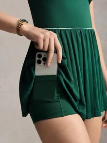 Activina 女款百褶下擺無袖運動洋裝，網球日常穿搭健身運動外出時尚休閒幾何鏤空網紗百褶裙，優雅風 - 軍綠色 - 查看 8