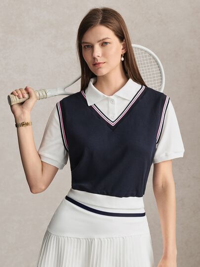 Activina Women's Colorblock Patchwork 2 In 1 Sport Polo Shirt Preppy Style, Tennis, Golf, Old-Money Style, Navy Blue And White Fashion Casual Top Workout