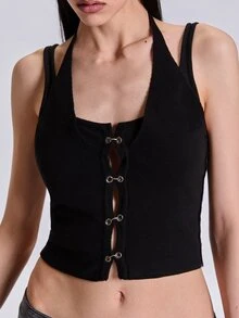 ROMWE Summer Spring Autumn Punk Street Style Hot Girl Y2K Metal Buckle 2 In 1 Knit Top - Black - View 4