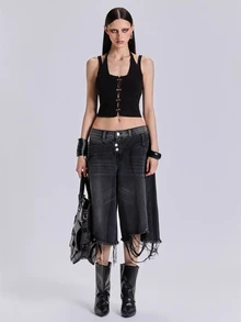 ROMWE Summer Spring Autumn Punk Street Style Hot Girl Y2K Metal Buckle 2 In 1 Knit Top - Black - View 3