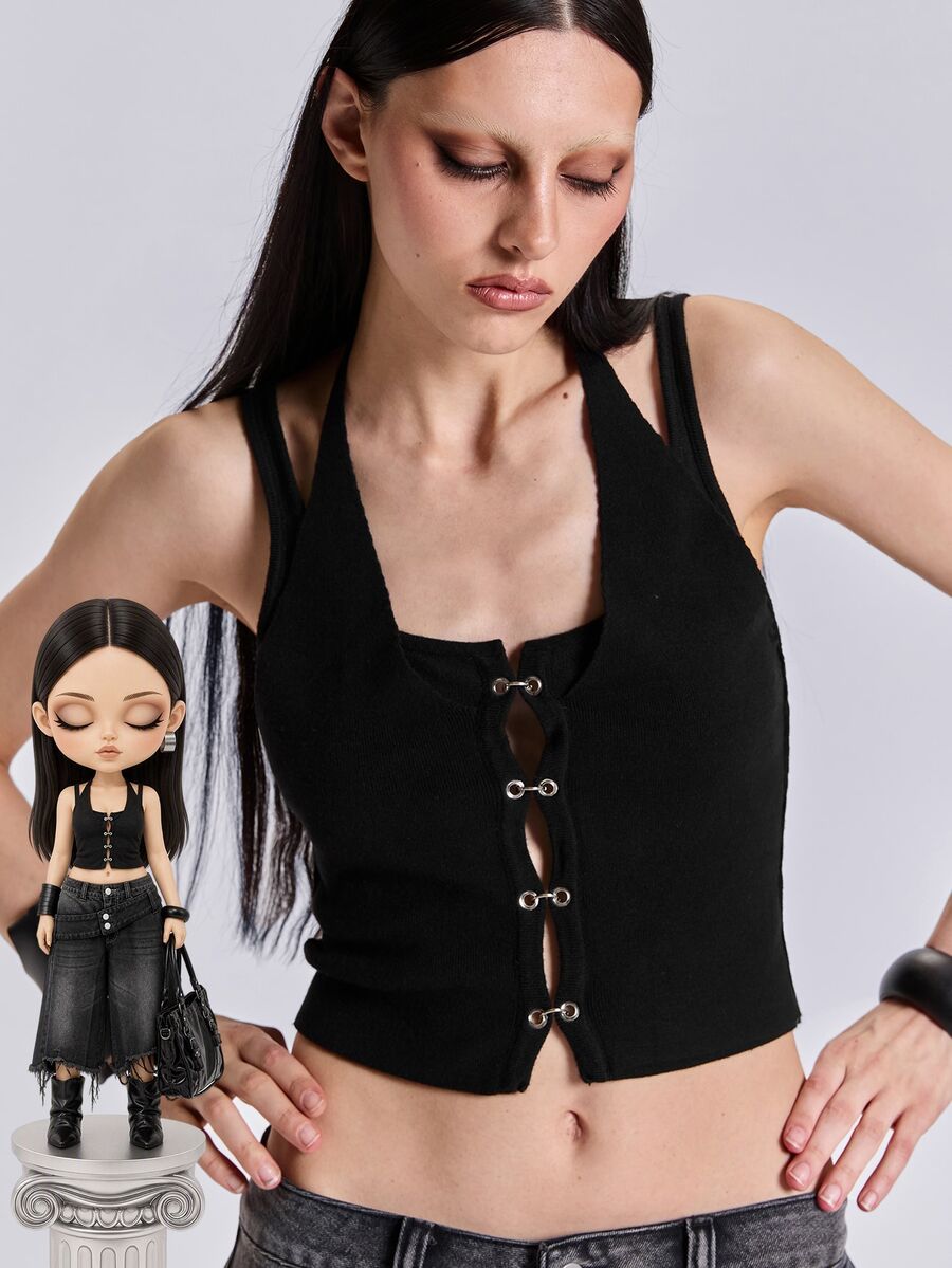 ROMWE Summer Spring Autumn Punk Street Style Hot Girl Y2K Metal Buckle 2 In 1 Knit Top - Black - View 1