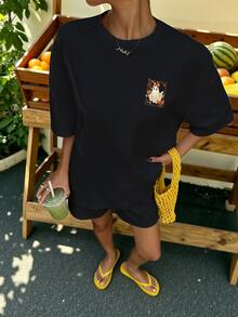 Aidyla Women's Pumpkin Print Round Neck Casual Versatile T-Shirt & Shorts Set - Black - View 4