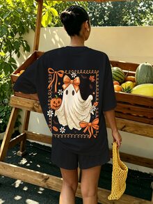 Aidyla Women's Pumpkin Print Round Neck Casual Versatile T-Shirt & Shorts Set - Black - View 2
