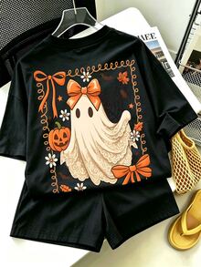 Aidyla Women's Pumpkin Print Round Neck Casual Versatile T-Shirt & Shorts Set - Black - View 1