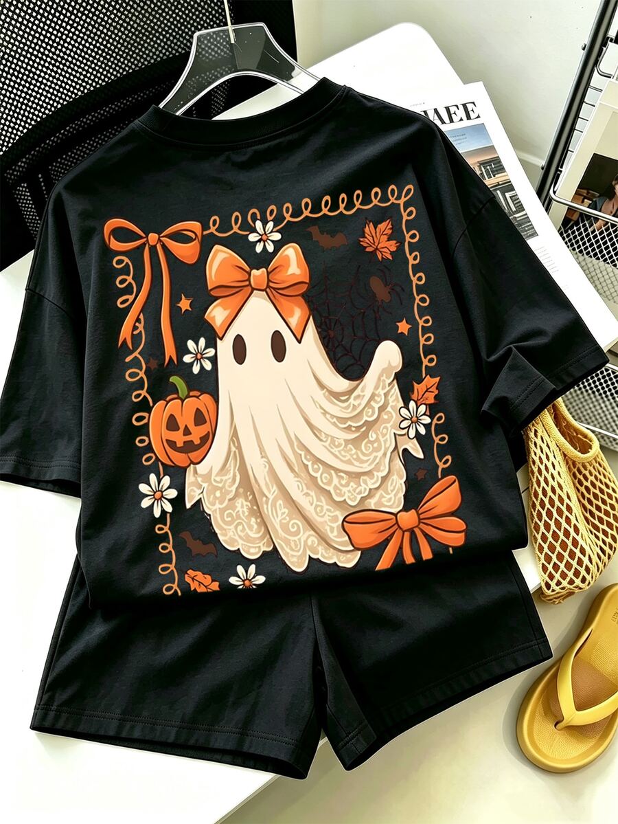 Aidyla Women's Pumpkin Print Round Neck Casual Versatile T-Shirt & Shorts Set - Black - View 1