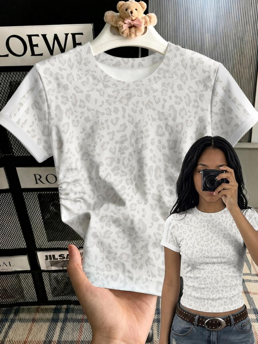 Teen Girl Casual Slim Fit Round Neck Ruched Short Sleeve T-Shirt, Suitable For Summer - Multicolor - View 1