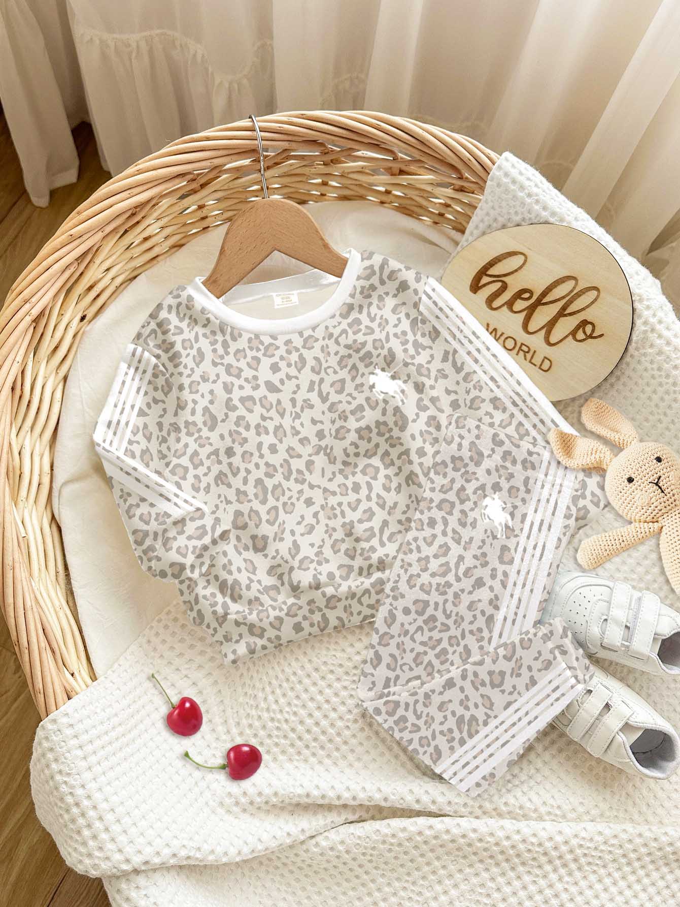 Vintage Fashion Leopard Print Contrast Stripe, Young Girl Casual Crew Neck Long Sleeve Sweatshirt & Slim Fit Long Pants 2-Piece Set, Suitable For Autumn/Winter Daily, Outing, Campus, Sports, Homecoming, Back To School - Multicolor - View 3
