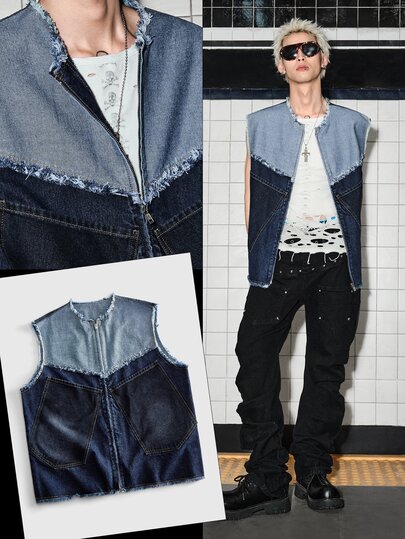 Street Life Herren Lässig Farbblock Denim Weste