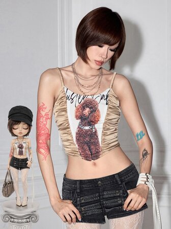 Y2K Camisole dorée pour femme avec imprimé Vintage Girl Court Napoleon Puppy