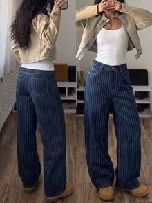 SHEIN ChillGRL Teen Girl Striped Print Straight Leg Jeans - Dark Wash - View 4