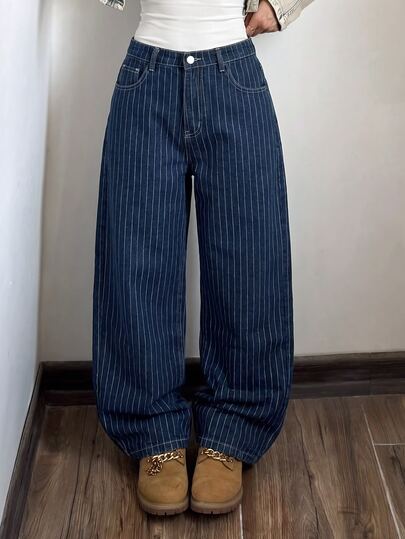 SHEIN ChillGRL Teen Girl Striped Print Straight Leg Jeans