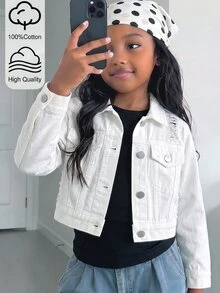 SHEIN Elladie kids Young Girl Ripped Flap Pocket Denim Jacket - White - View 3
