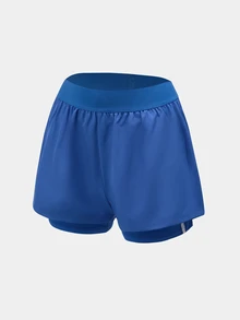 CourtClass Shorts deportivos de mujer de unicolor con cintura elástica y doble capa - Azul - Ver 4