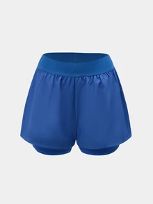CourtClass Shorts deportivos de mujer de unicolor con cintura elástica y doble capa - Azul - Ver 3
