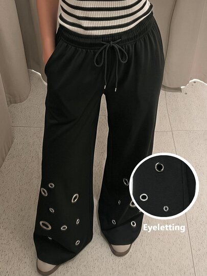 Maija Women's Fashion Commute Travel Airport Vacation Metal Eyelet Decor Long Pants Black Autumn Casual Streetwear