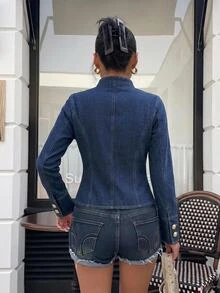 Firerie 女款拉鍊門襟鈕扣設計長袖休閒學院風優雅復古牛仔夾克 秋季墨西哥風襯衫上班日常穿搭 海軍藍 - 深色水洗藍 - 查看 4