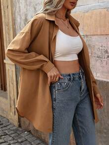 Yunfilé Casual Versatile Solid Color Long Sleeve Shirt Office Shades Of Brown Autumn - Coffee Brown - View 6