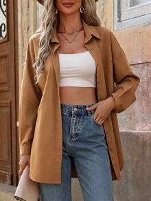 Yunfilé Casual Versatile Solid Color Long Sleeve Shirt Office Shades Of Brown Autumn - Coffee Brown - View 7