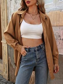 Yunfilé Casual Versatile Solid Color Long Sleeve Shirt Office Shades Of Brown Autumn - Coffee Brown - View 4