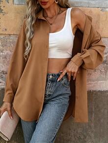 Yunfilé Casual Versatile Solid Color Long Sleeve Shirt Office Shades Of Brown Autumn - Coffee Brown - View 3