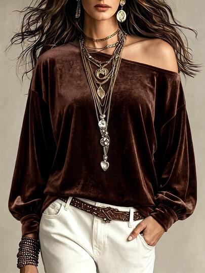 SHEIN Women's Elegant Casual Brown Velvet Off Shoulder Blouse Women Balloon Long Sleeve Loose Fit Autumn Sexy Casual Going Out Party Daily Streetwear