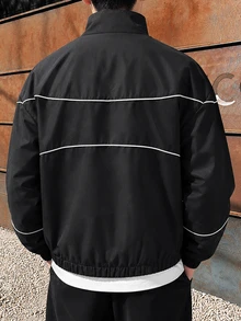 STEELVANCE Men's Stand Collar Letter Print Striped Colorblock Jacket - Black - View 7
