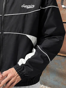 STEELVANCE Men's Stand Collar Letter Print Striped Colorblock Jacket - Black - View 4